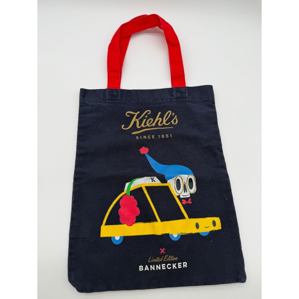Kiehls Limited Edition Bannecker Graphic Tote Bag Navy Blue Canvas Red Handles